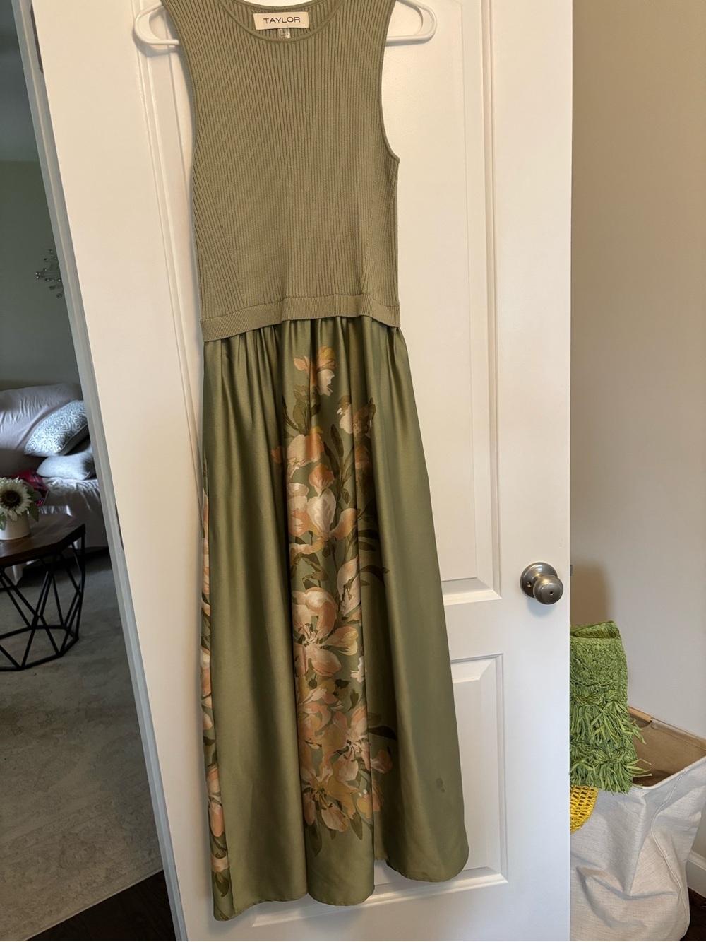 Womens Olive Green Floral Knit-Top Maxi Dress - Picture 3 of 4